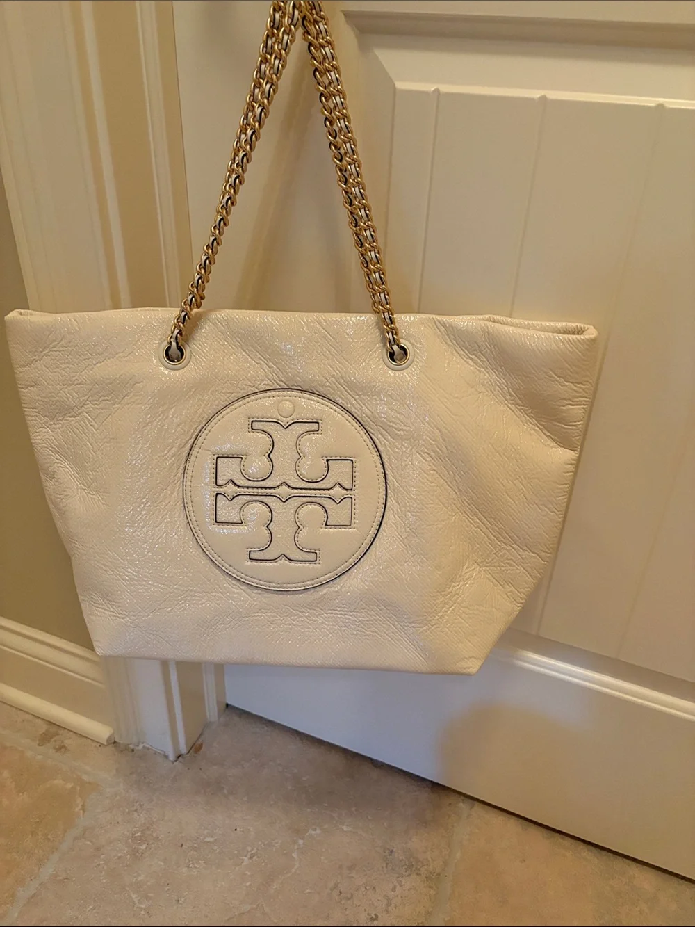 Tory Burch Cream Leather Tote with Gold Chain Straps